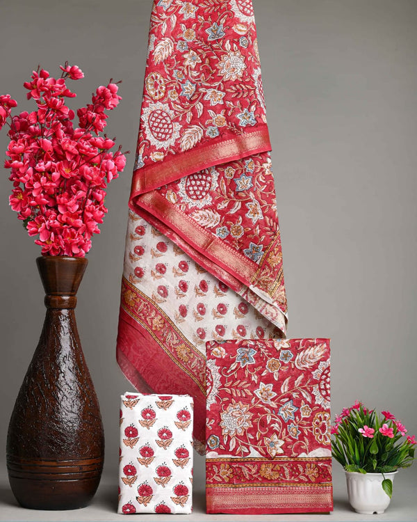 Exclusive Red   Sanganeri Print Maheshwari Silk Suit Set [GHPMA59]