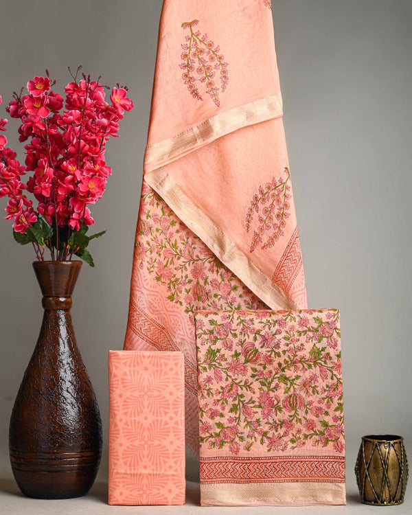 Exclusive  Peach Sanganeri Print Maheshwari Silk Suit Set [GHPMA60]