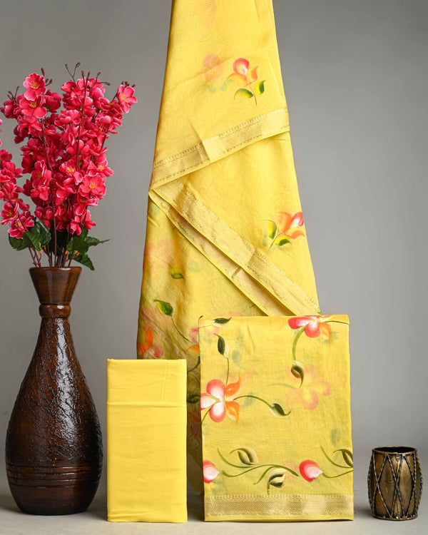 Exclusive  Yellow Hand Painted Print Maheshwari Silk Suit Set [GHPMA62]