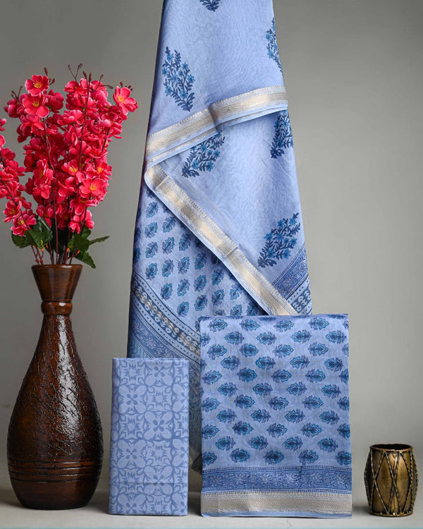 Premium Blue  Sanganeri Print Maheshwari Silk Suit Set [GHPMA70]