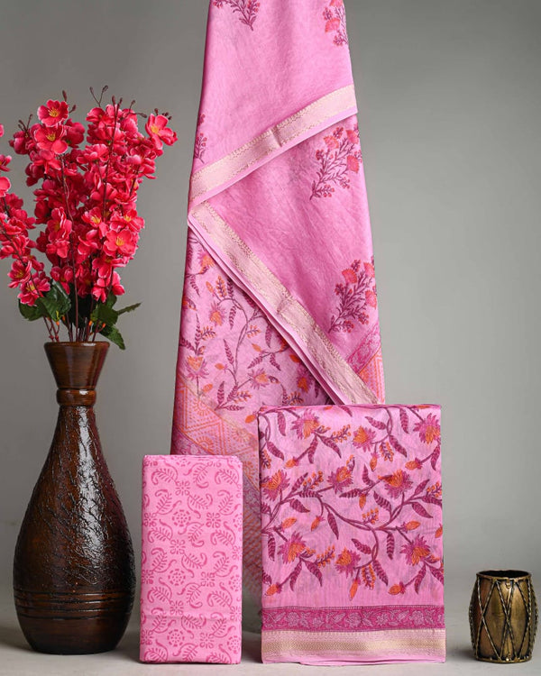 Exclusive Pink Sanganeri Print Maheshwari Silk Suit Set [GHPMA77]