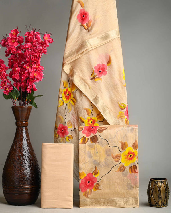 Exclusive Light Yellow Sanganeri Print Maheshwari Silk Suit Set [GHPMA81]