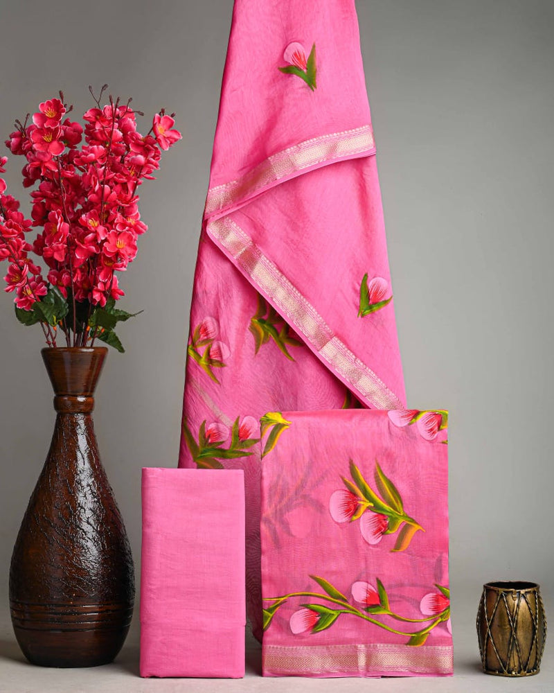 Exclusive PInk Sanganeri Print Maheshwari Silk Suit Set [GHPMA82]