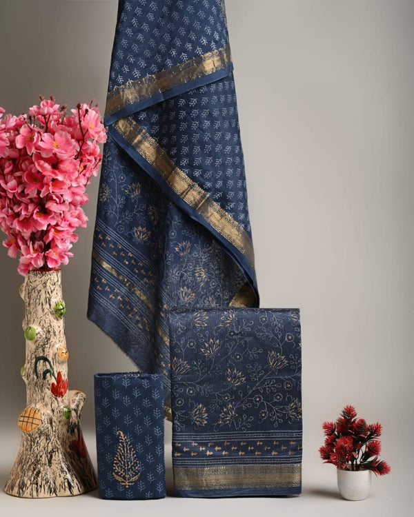 Exclusive Dark Blue Sanganeri Print Maheshwari Silk Suit Set [GHPMA95]