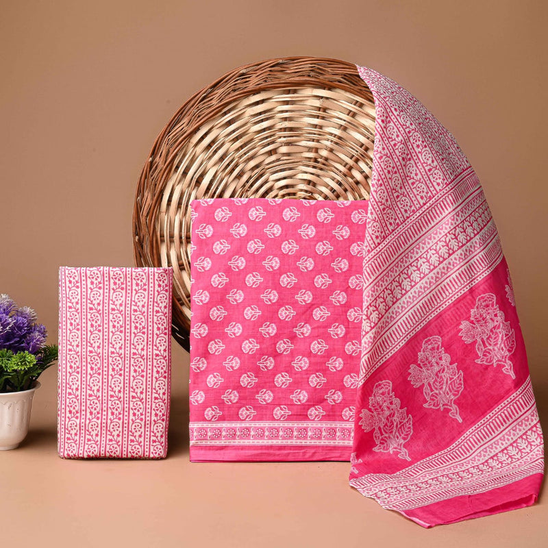 Premium Pink Sanganeri Print Cotton Suit With Cotton Dupatta GHPMU10