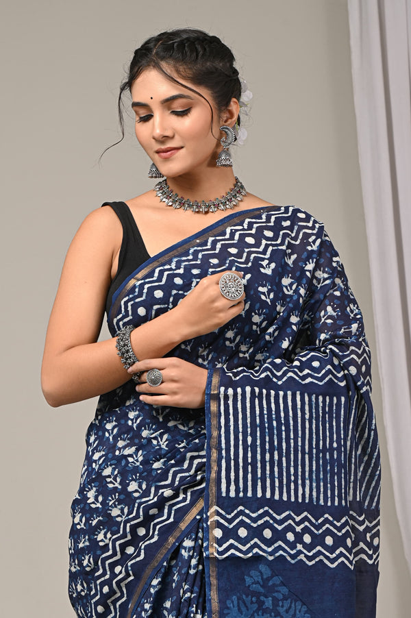 Traditional Blue Sanganeri Print Chanderi Silk Saree GHPCHS17