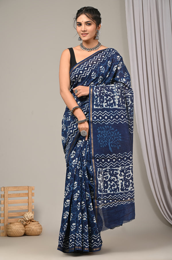 Traditional Blue Sanganeri Print Chanderi Silk Saree Set GHPCHS19