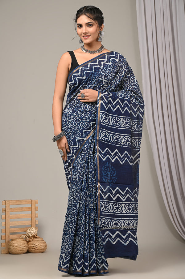 Premium Blue Sanganeri Print Chanderi Silk Saree GHPCHS16