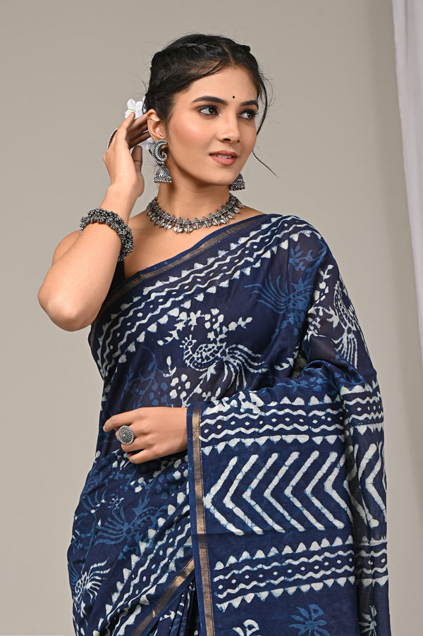 Premium Blue Sanganeri Print Chanderi Silk Saree GHPCHS15