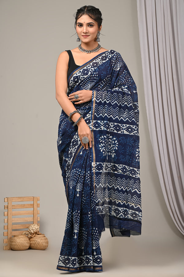 Premium Blue Sanganeri Print Chanderi Silk Saree  GHPCHS14