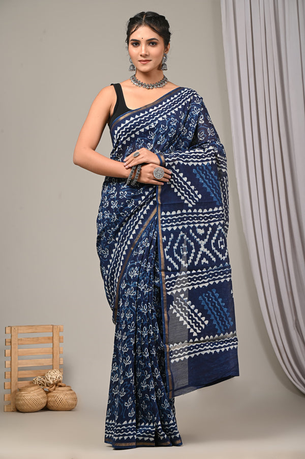 Premium Blue Sanganeri Print Chanderi Silk Saree  GHPCHS13