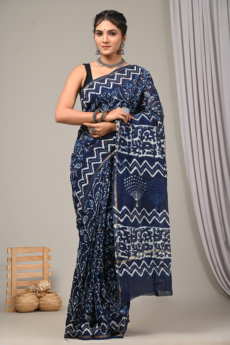 Premium Blue Sanganeri Print Chanderi Silk Saree GHPCHS12